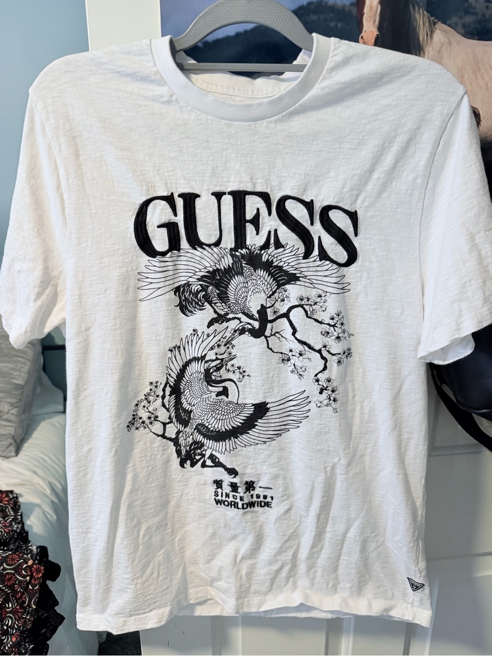 GUESS White Tee with Black Crane Graphic